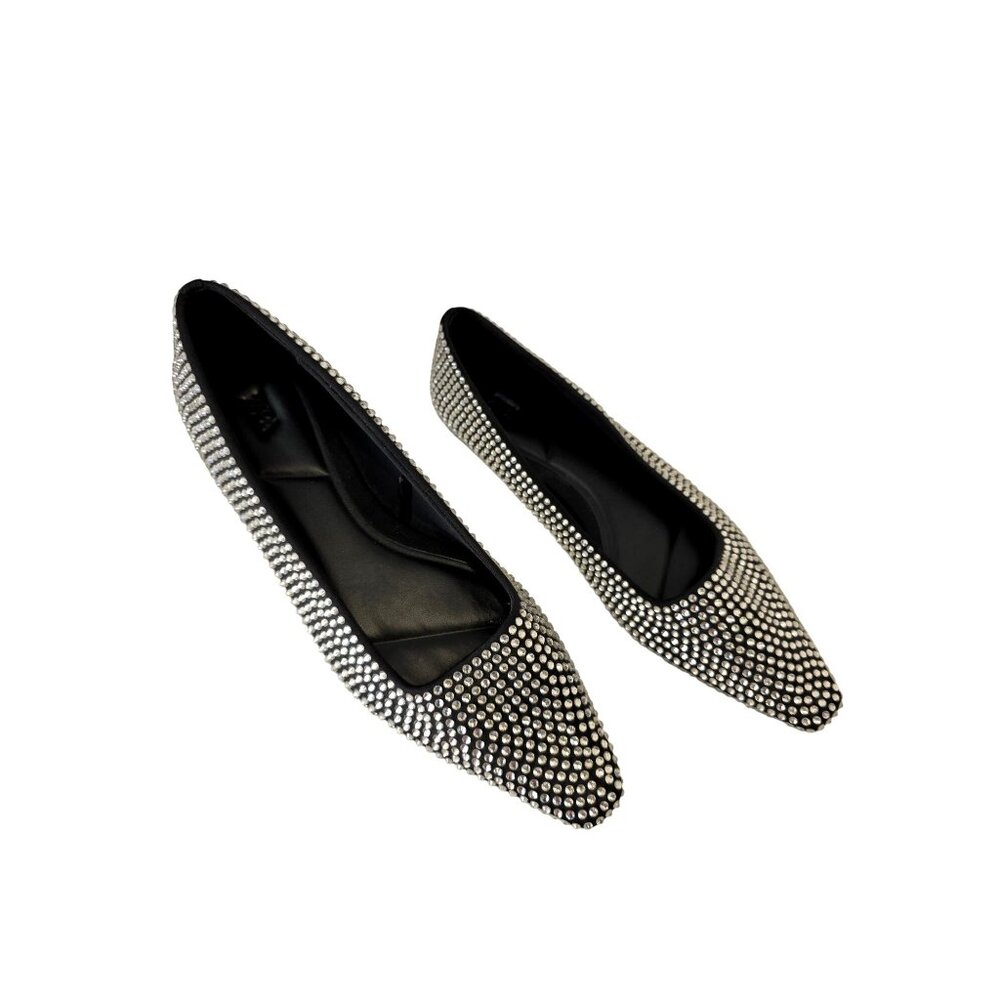Zara Rhinestone Studded Point Toe Flats Women Shoe Sz 40 Black Textile Upper NEW